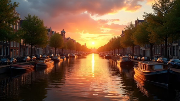 Canal view at golden hour with boats reflecting vibrant skies and glowing water