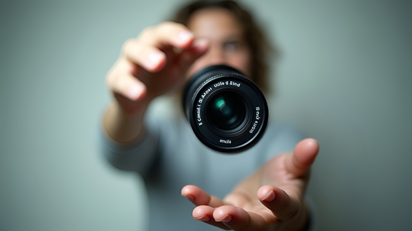 Canon camera lens tossed with dynamic motion and sharp focus against plain background