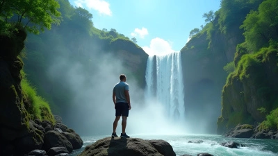 Cascading Waterfall With Man On Rocky Ledge