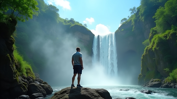 A man in casual clothing stands on a rocky ledge beside a cascading waterfall surrounded by lush green foliage under a bright blue sky