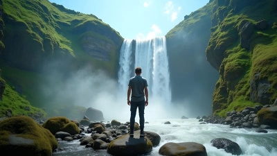 Cascading Waterfall with Man on Rocky Terrain
