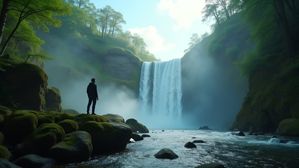A solitary person stands on a rocky ledge beside a cascading waterfall surrounded by lush greenery under a bright, clear sky
