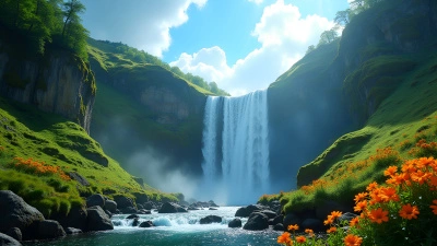 Cascading Waterfalls Amid Lush Green Cliffs