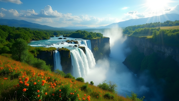 Cascading waterfalls among lush green trees under a clear blue sky
