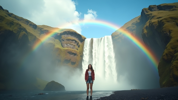 A joyful person stands before cascading waterfalls under a bright daytime sky with a vivid double rainbow overhead