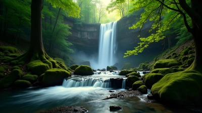 Cascading Waterfalls in Lush Forest Landscape