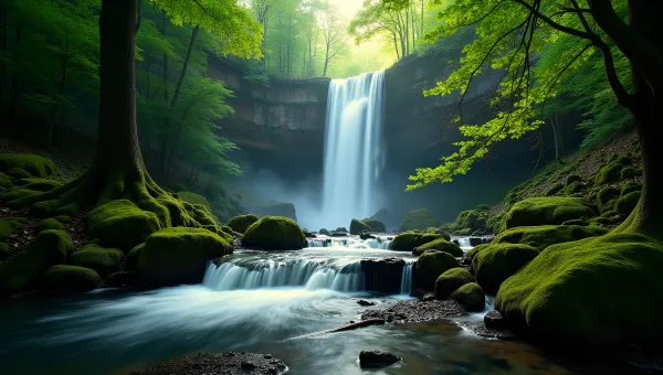 Cascading Waterfalls in Lush Forest Landscape