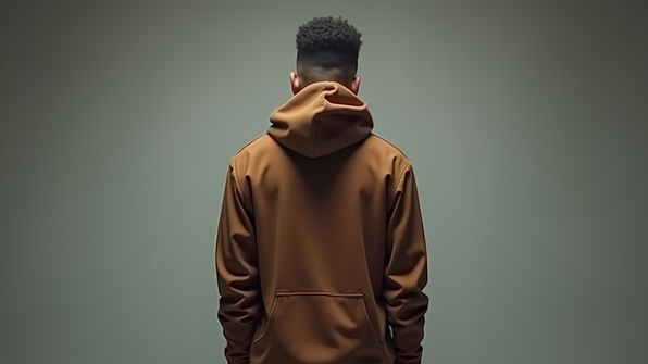 A person wearing a casual brown hoodie against a neutral background showcasing relaxed urban fashion style