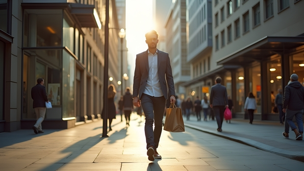 A casually dressed man walking confidently along a busy urban sidewalk with modern buildings and bustling city life on a sunny day