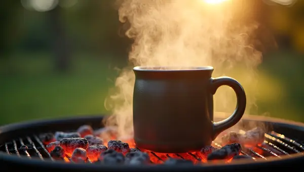 Ceramic Mug on Barbecue Grill with Glowing Coals