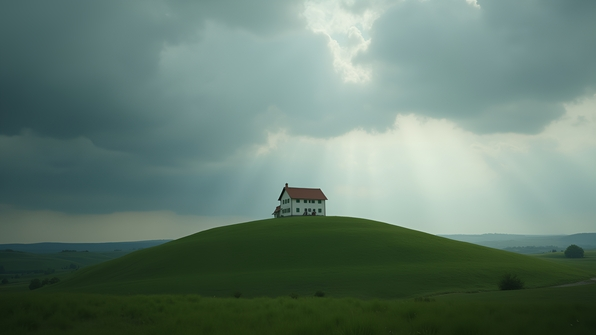 A charming house perched atop a green hill under a dramatic overcast sky with soft natural light and rolling landscape