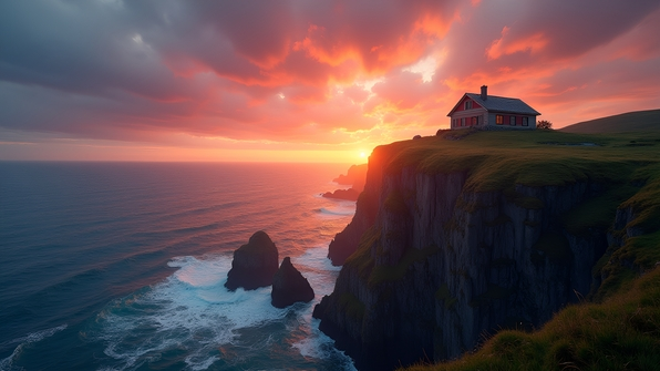 Charming house perched atop a rugged cliff overlooking a vast ocean under a vibrant sunset sky