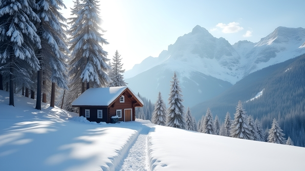 Charming White Brown House in Snowy Mountain Setting