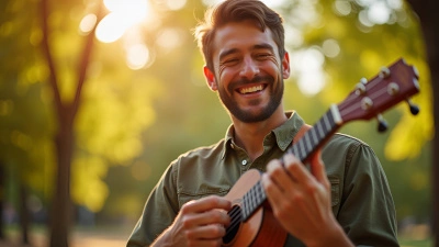 Cheerful Man Playing Ukulele Outdoors in Sunlight