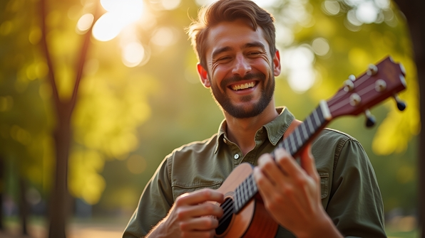 Cheerful man playing wooden ukulele outdoors with sunlight filtering through trees