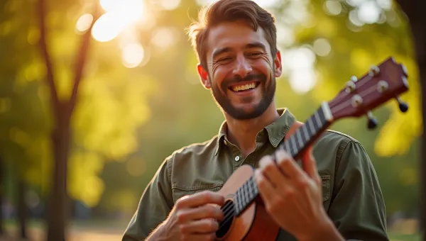 Cheerful Man Playing Ukulele Outdoors in Sunlight