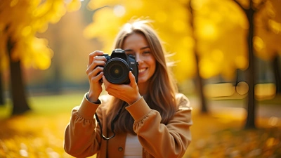 Cheerful Woman Capturing Photo In Autumn Park