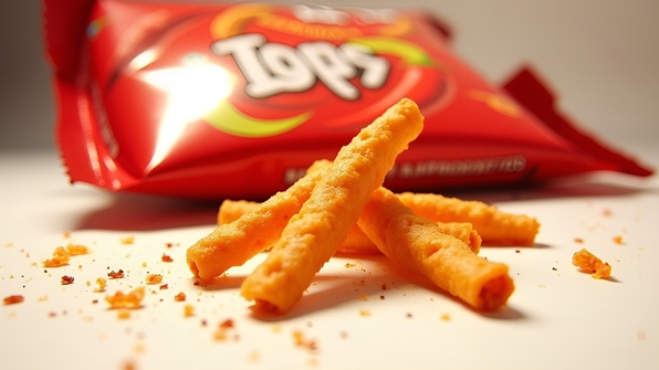 Close-up of Cherto spicy snack sticks with crispy texture and bold chili pepper graphics in vibrant red packaging