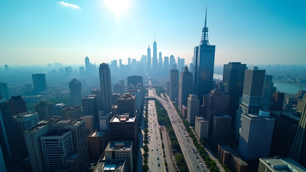 Aerial view of a bustling city skyline with diverse modern buildings under clear blue skies during daylight