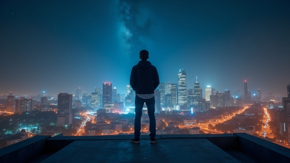 Individual in blue jeans stands overlooking illuminated city skyline at night with vibrant lights under a starry sky