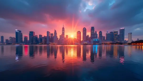 City Skyline Reflection At Sunset With Lights