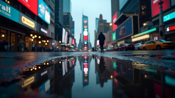 A bustling city street reflection with skyscrapers and neon signs in a rain-soaked puddle under an overcast sky