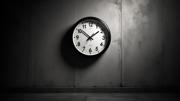 Classic analog clock hanging on a textured wall in black and white with vintage charm