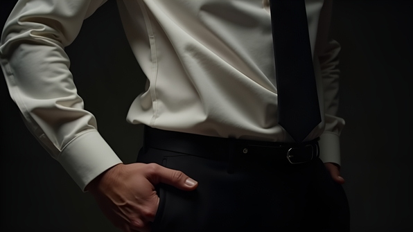 A classic men's outfit featuring a crisp white shirt paired with tailored black pants suitable for formal or business settings
