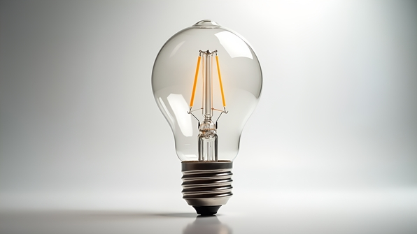 Clear glass light bulb with visible filament and metallic screw base
