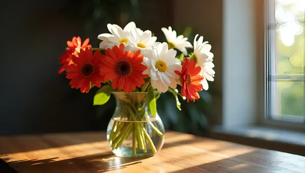 Clear Glass Vase With White And Red Flowers