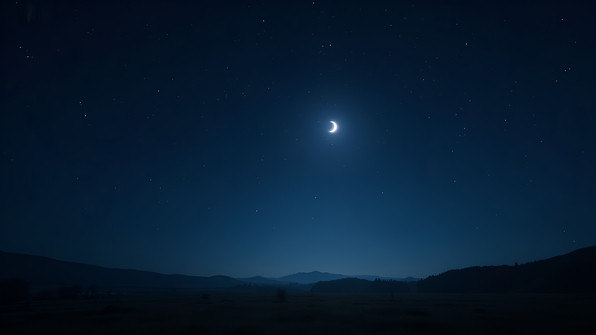 Clear night sky with bright twinkling stars over a peaceful dark landscape