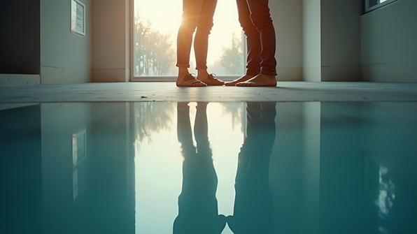 A clear reflection of two people standing side by side on a calm glassy surface with soft natural lighting