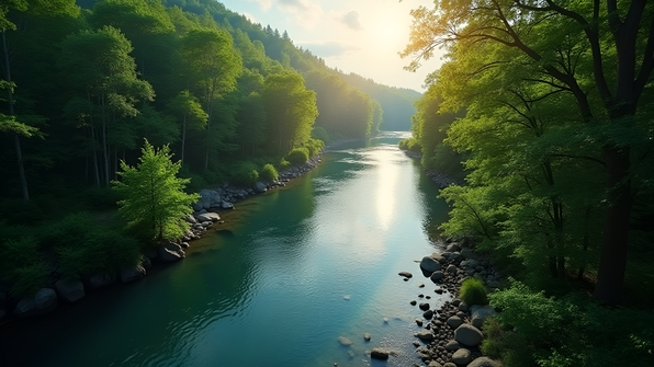 A clear river winding through a dense green forest with sunlight filtering through tall trees reflecting on the water surface