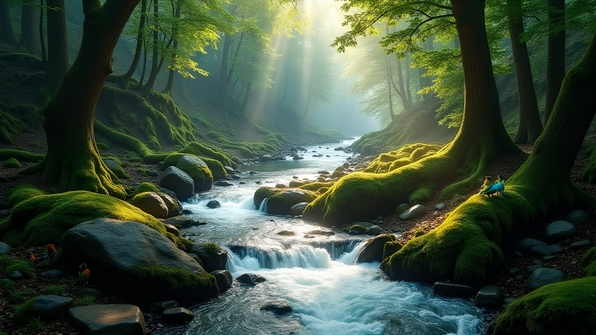 A clear stream flowing through a dense forest with moss-covered rocks and sunlight filtering through tall trees