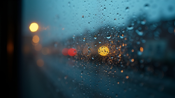 Macro shot of clear water droplets clinging to a glass windowpane with soft natural light and subtle background bokeh