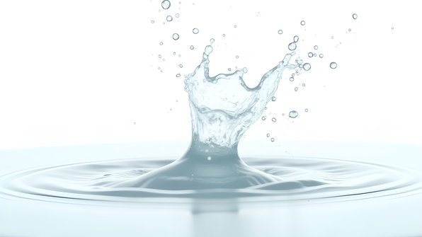 Clear water droplets splash frozen mid-air against a white background showcasing fluid motion