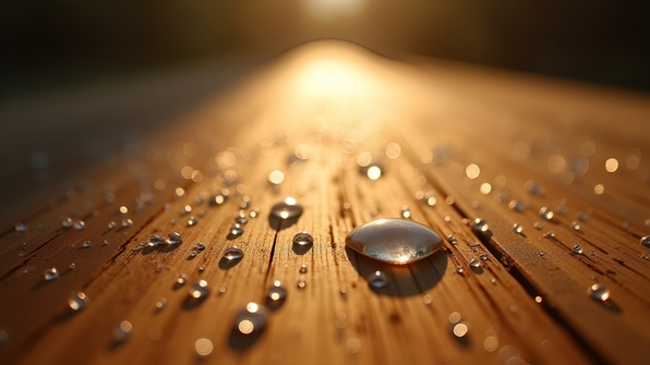 Close-up of clear water droplets on a textured warm brown wooden surface with natural grain patterns