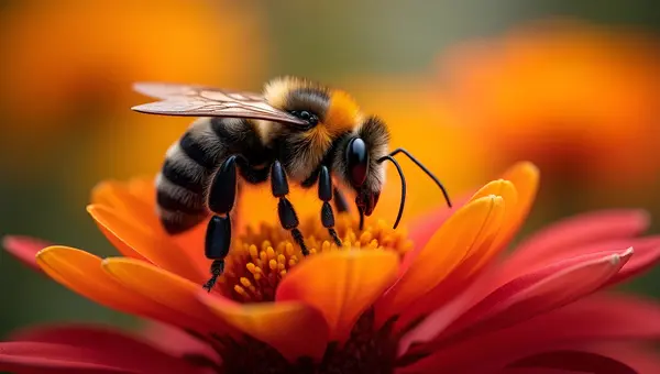 Close-Up Black And Orange Honeybee Collecting Nectar