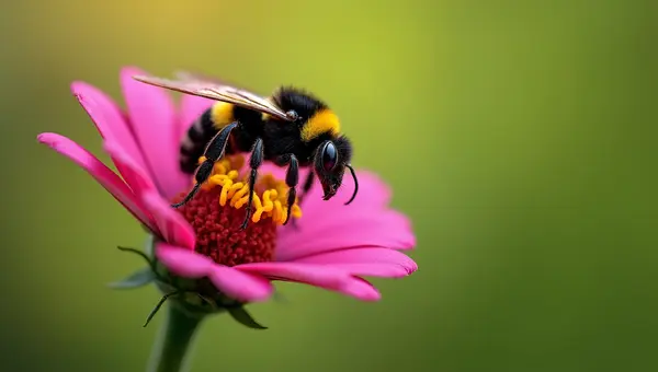 Close-Up Black and Yellow Bee on Pink Flower