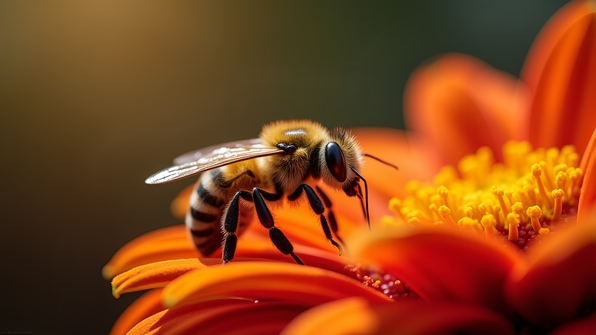 Close-up brown and black bee perched on a vibrant flower with sharp focus on wings and textured body
