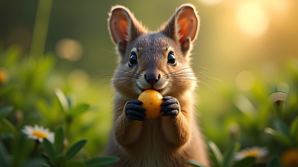 Close-up of a brown and black mammal grasping food in its paws outdoors