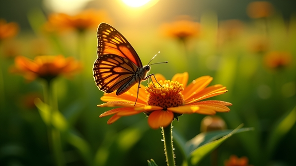 Close-up brown butterfly resting on a vibrant flower surrounded by lush green foliage under soft natural sunlight