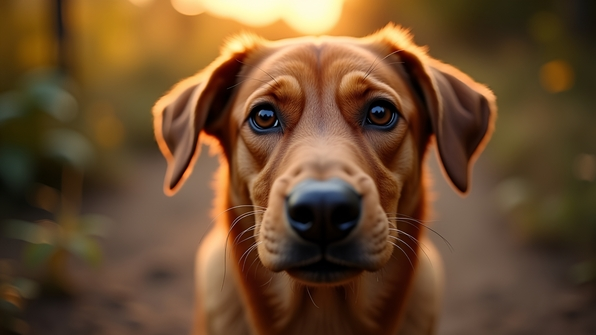Close-up brown dog face with sharp eyes and detailed fur texture