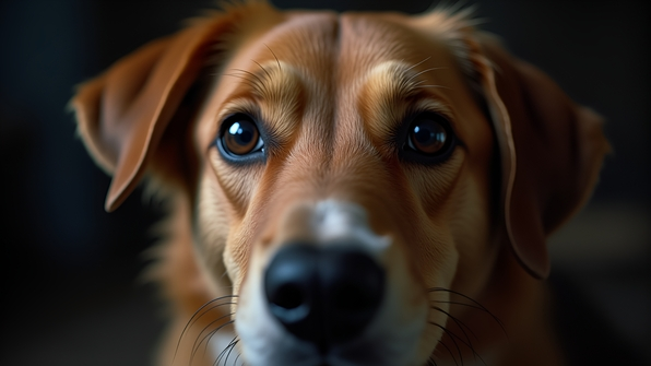 Close-up dog face with expressive eyes and detailed fur texture