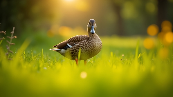 Close-up duck standing on vibrant green grass with soft sunlight and blurred background