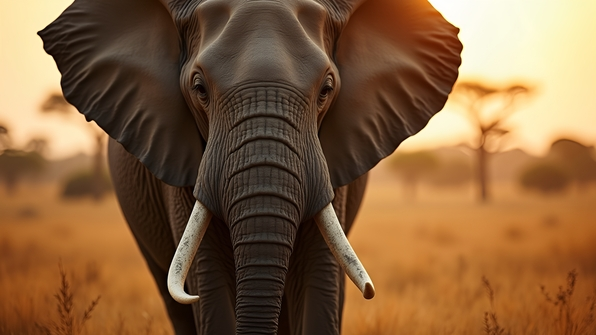 Close-up elephant portrait showing detailed textured skin, prominent tusks, and expressive eyes