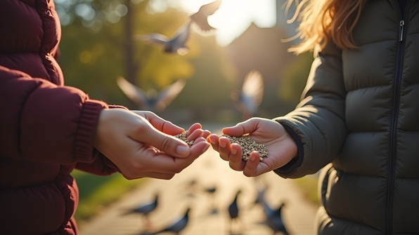 Close-up feeding pigeons outdoors with hands extended holding birdseed