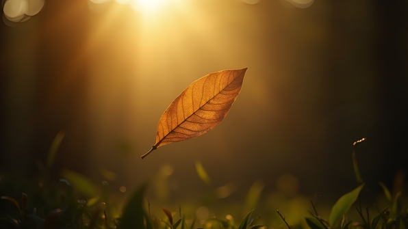 Close-up focus on a single dried leaf suspended midair against a soft, blurred natural background with warm lighting