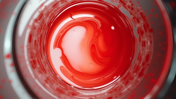 Close-up glass bowl with red and white swirl creating a marbled effect