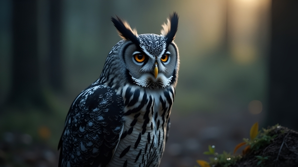 Close-up gray and black owl with sharp eyes and detailed feathers